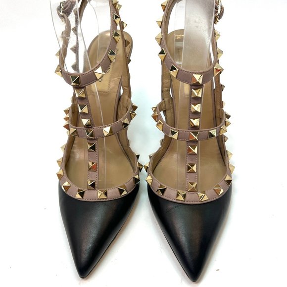 Valentino Garavani Rockstud Studded Black Beige Leather Pumps 38 - Picture 2 of 7